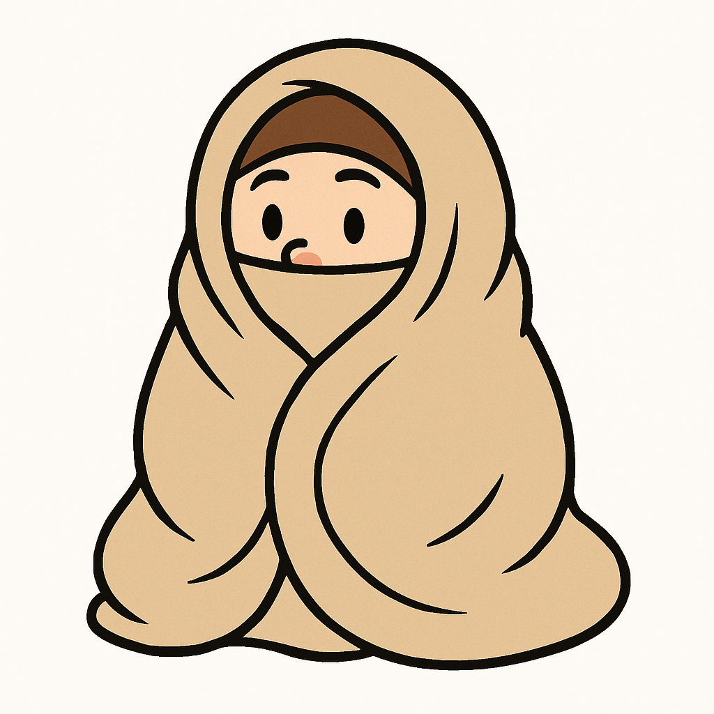 A cartoon of a person snuggled in a blanket with only their eyes and nose showing