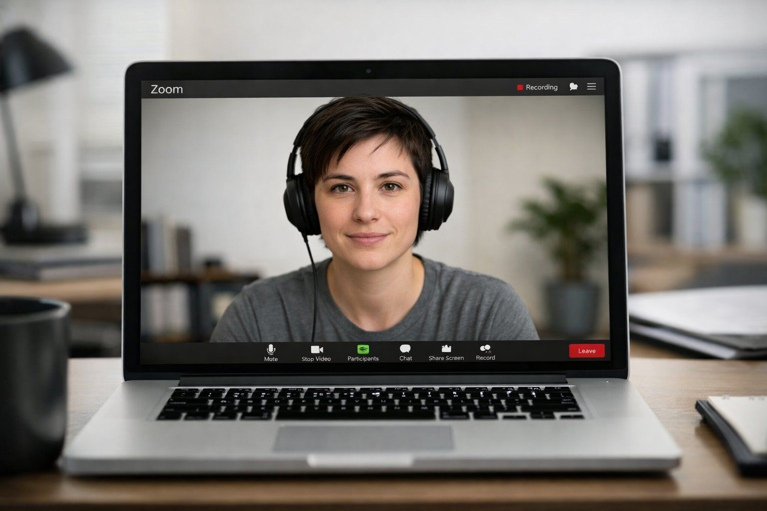 A laptop screen showing a person wearing headphones