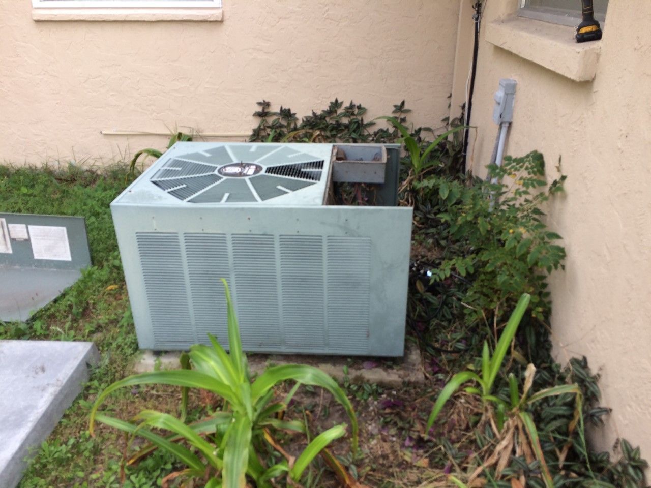 An air conditioning unit sitting among vegetation next to a tan building