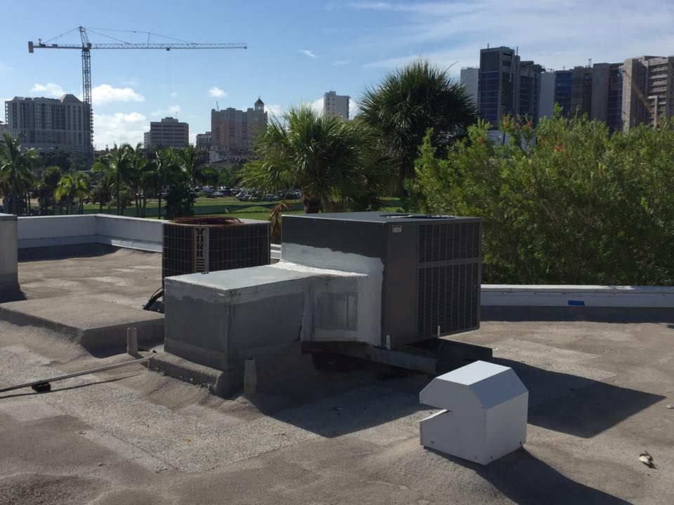Rooftop with HVAC units, a white structure, palm trees, and buildings against a blue sky