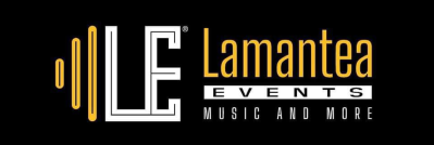 Logo per Lamantea Events Music and More in nero, bianco e oro su sfondo nero.