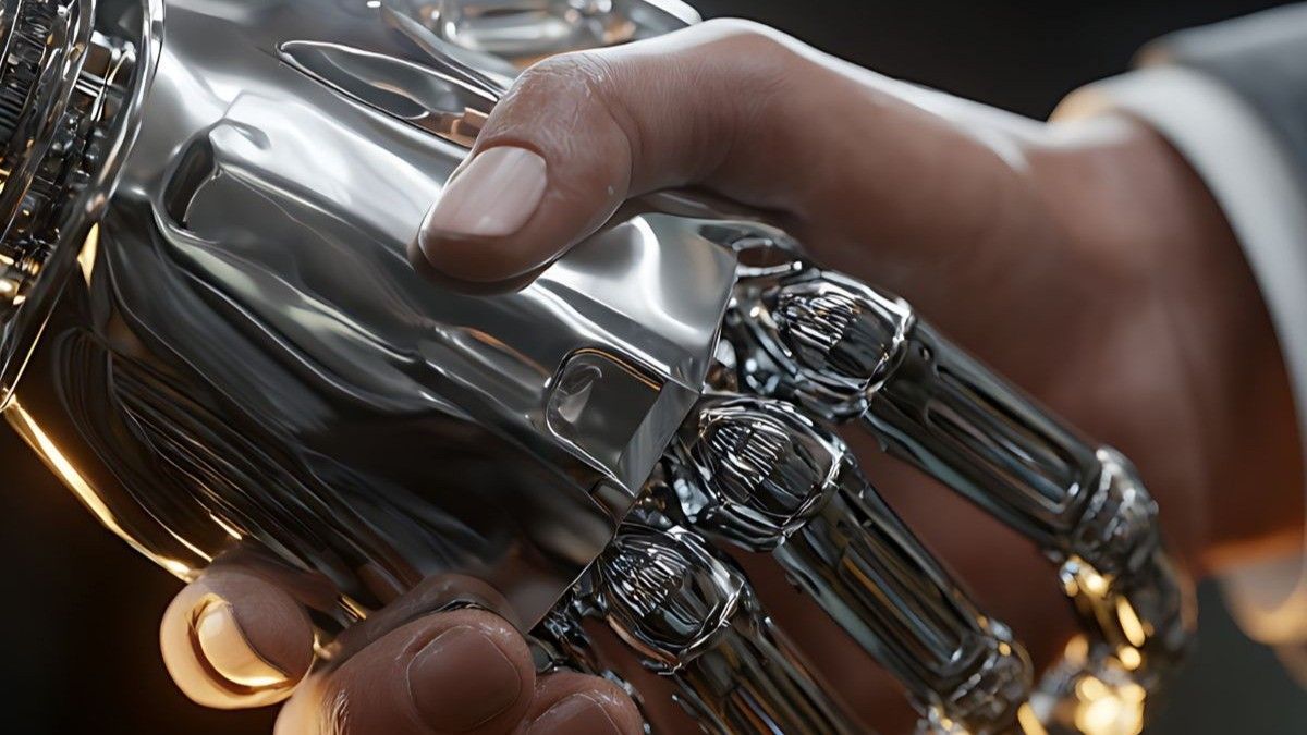 Hand holding a chrome robotic hand in a dark, warm-lit close-up