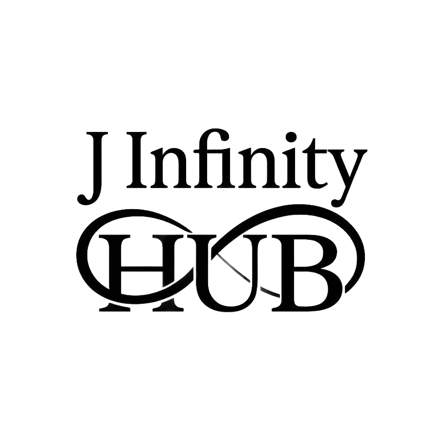 Een zwart-wit logo met de tekst "J Infinity" boven het woord "HUB", ingesloten in een oneindigheidssymbool.