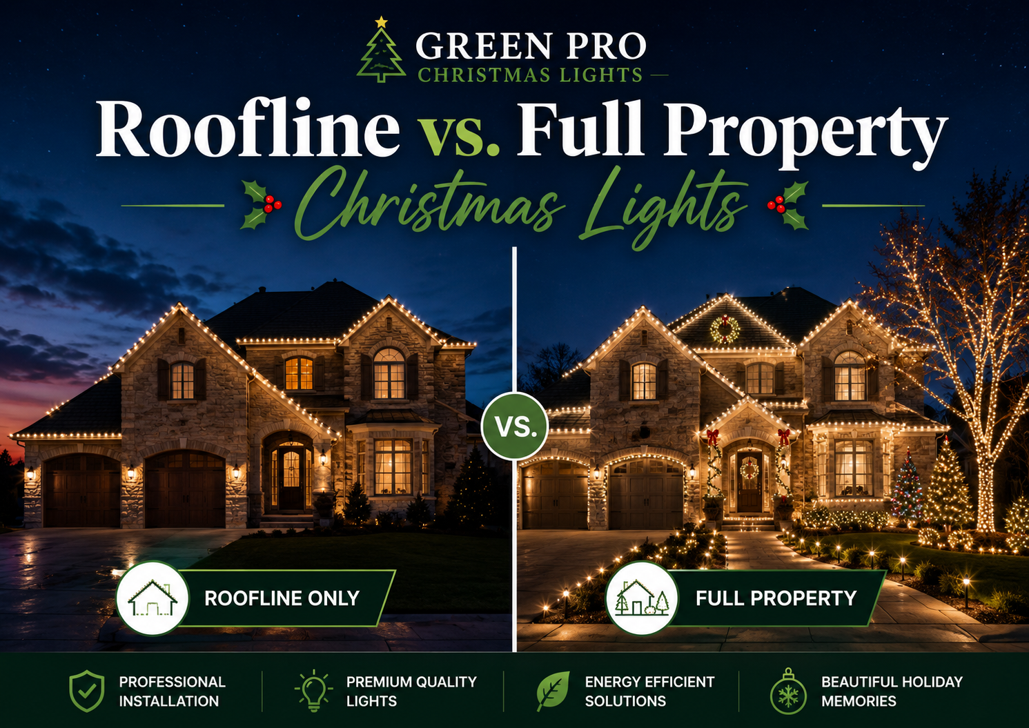 Christmas lights on roofline vs full-property Christmas lights on two decorated homes at night