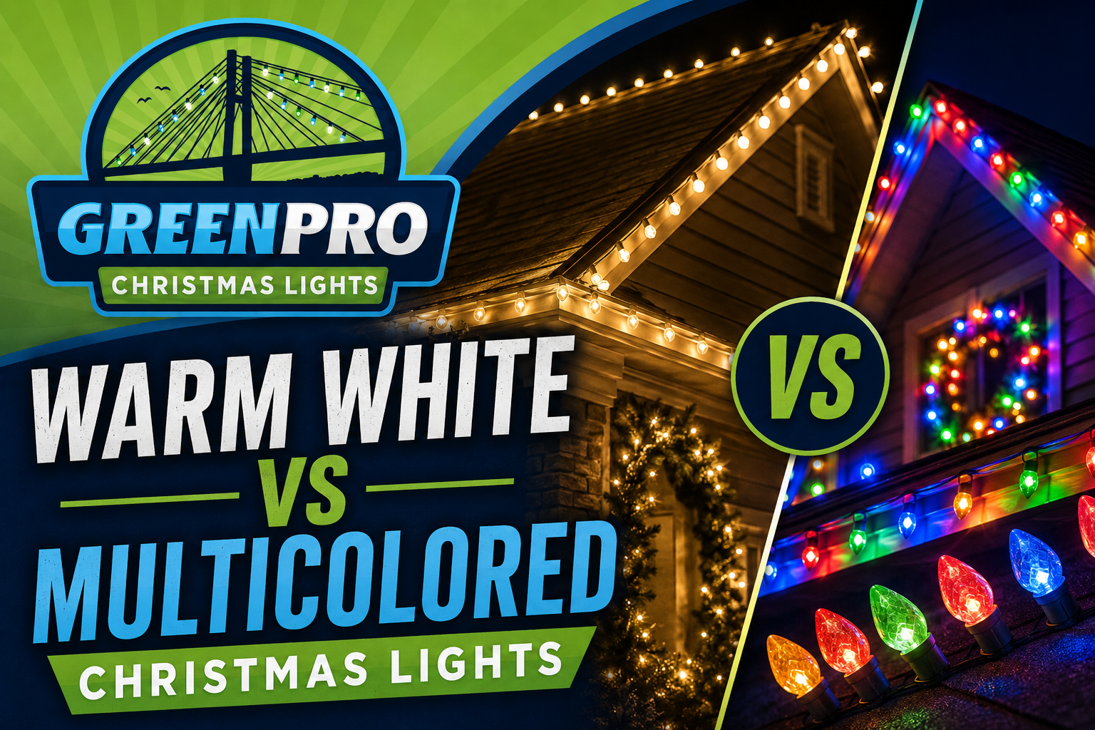 Warm white vs multicolored Christmas lights comparison with GreenPro logo and illuminated roof displays