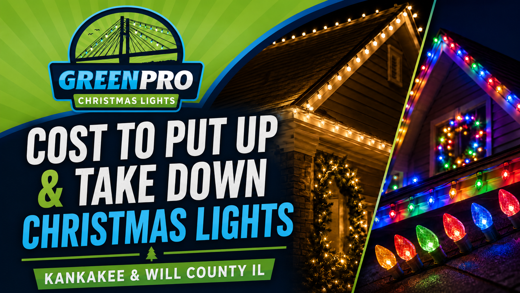 GreenPro Christmas Lights ad: “Cost to put up & take down Christmas lights,” with a lit house at night