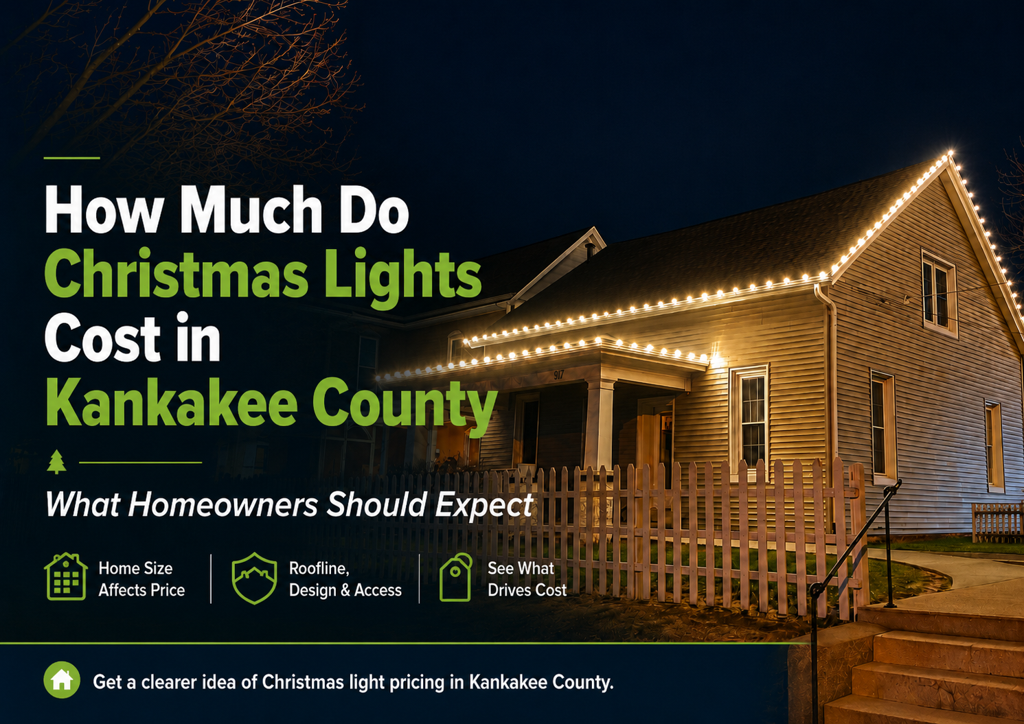Graphic asking how much Christmas lights cost in Kankakee County, with a lit house at night.