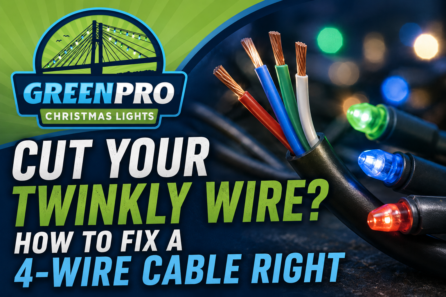 GreenPro thumbnail with text “Cut your twinky wire?” and “How to fix a 4-wire cable right,” showing colored wires and lights