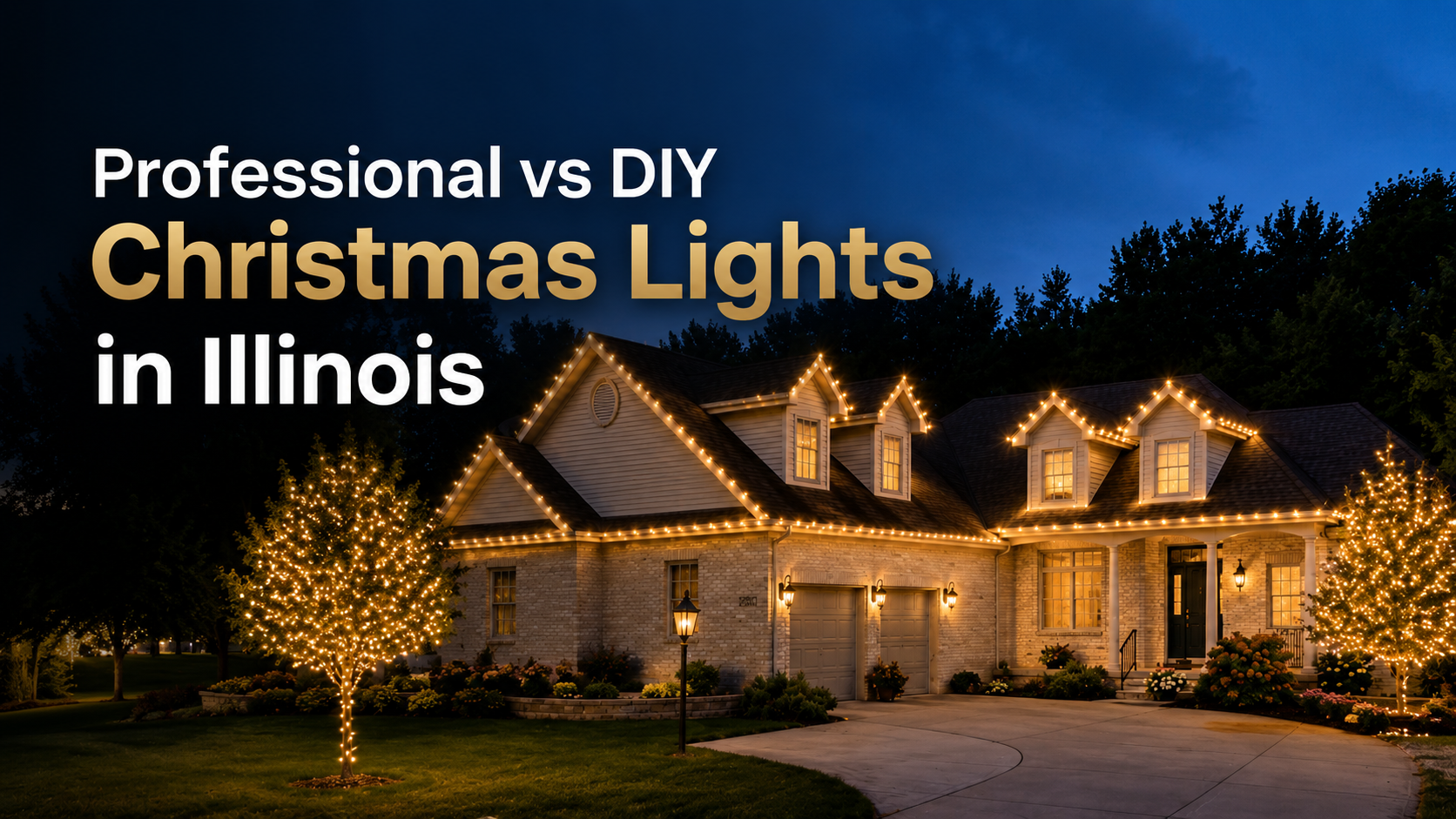 House lit with warm Christmas lights at dusk, with text reading “Professional vs DIY Christmas Lights in Illinois”