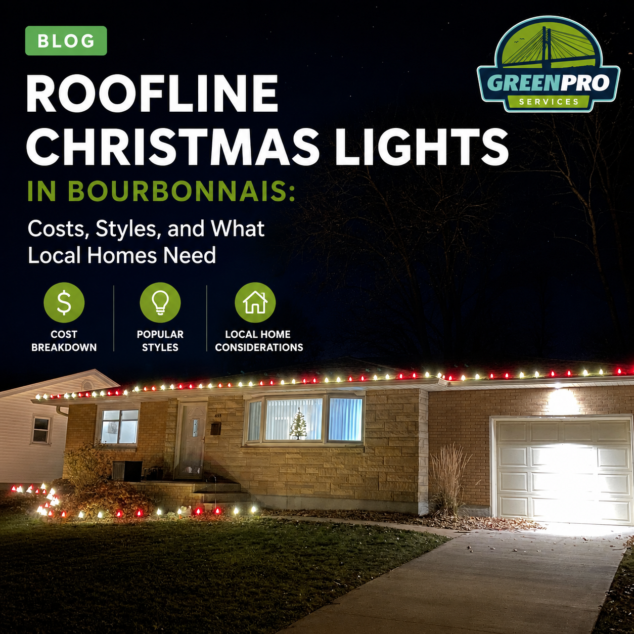 Roofline Christmas lights on a brick home at night, with a blog title about costs, styles, and local homes.