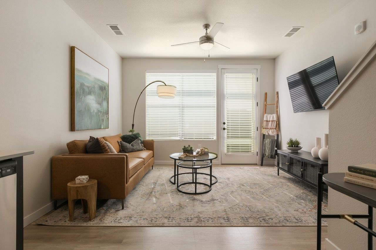 Bright living room in a modern apartment featuring a tan sofa, rug, coffee table, and wall-mounted TV.
