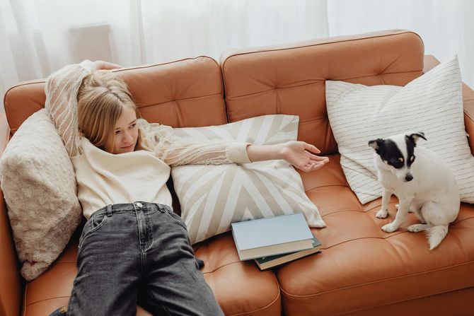 Person lounging on a brown couch with a dog; book and pillows nearby.