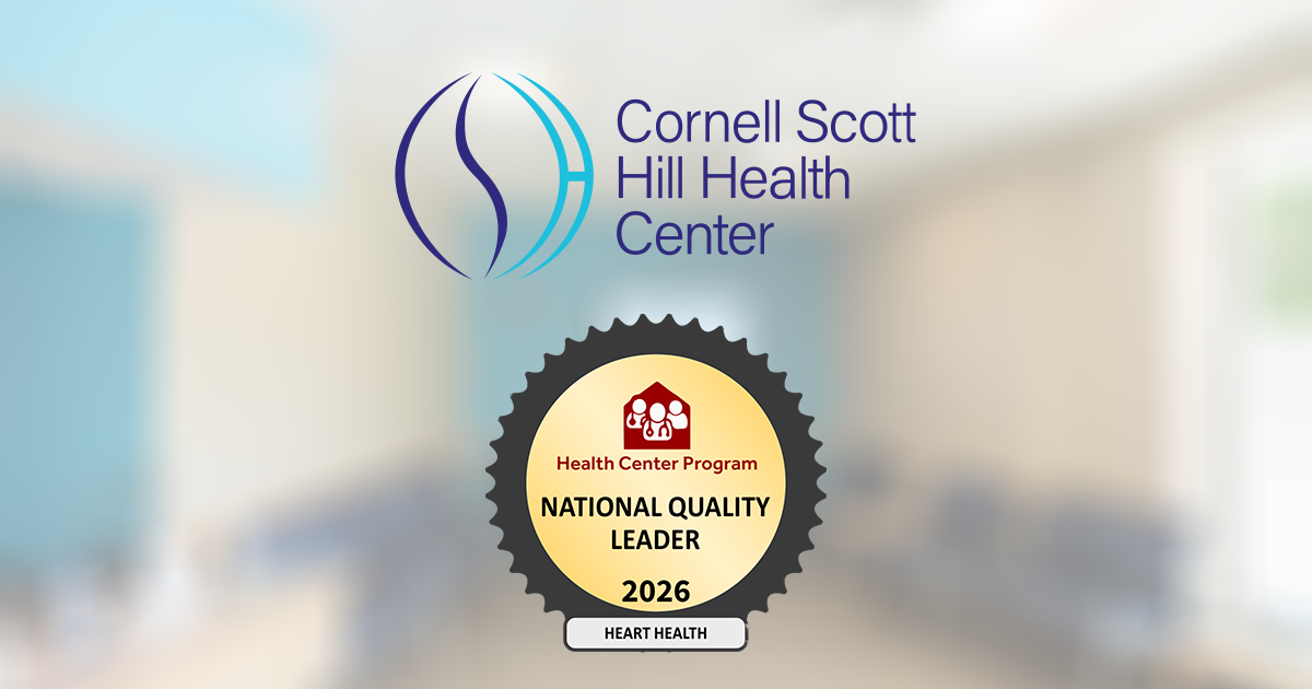 Cornell Scott Hill Health Center logo with a gold 2026 award seal on a blurred clinic background