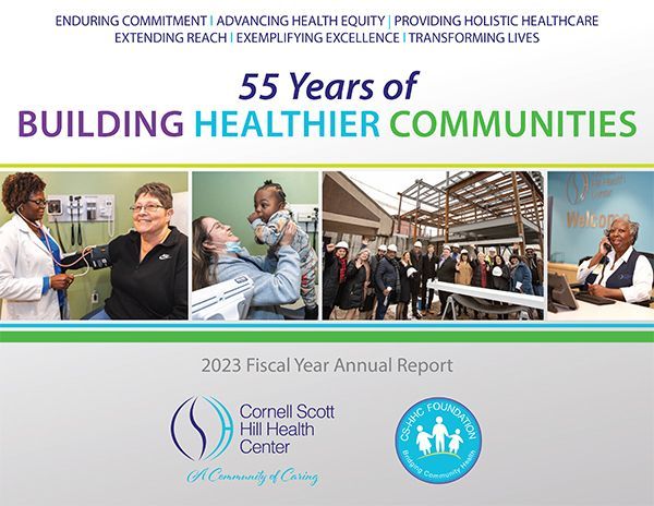 55 Years of Building Healthier Communities, 2023 annual report cover with hospital photos and logos