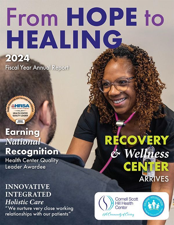 2024 annual report cover for Recovery Wellness Center, featuring smiling clinician and healing-themed text