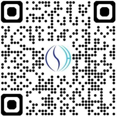 Black-and-white QR code with a blue abstract swirl logo in the center