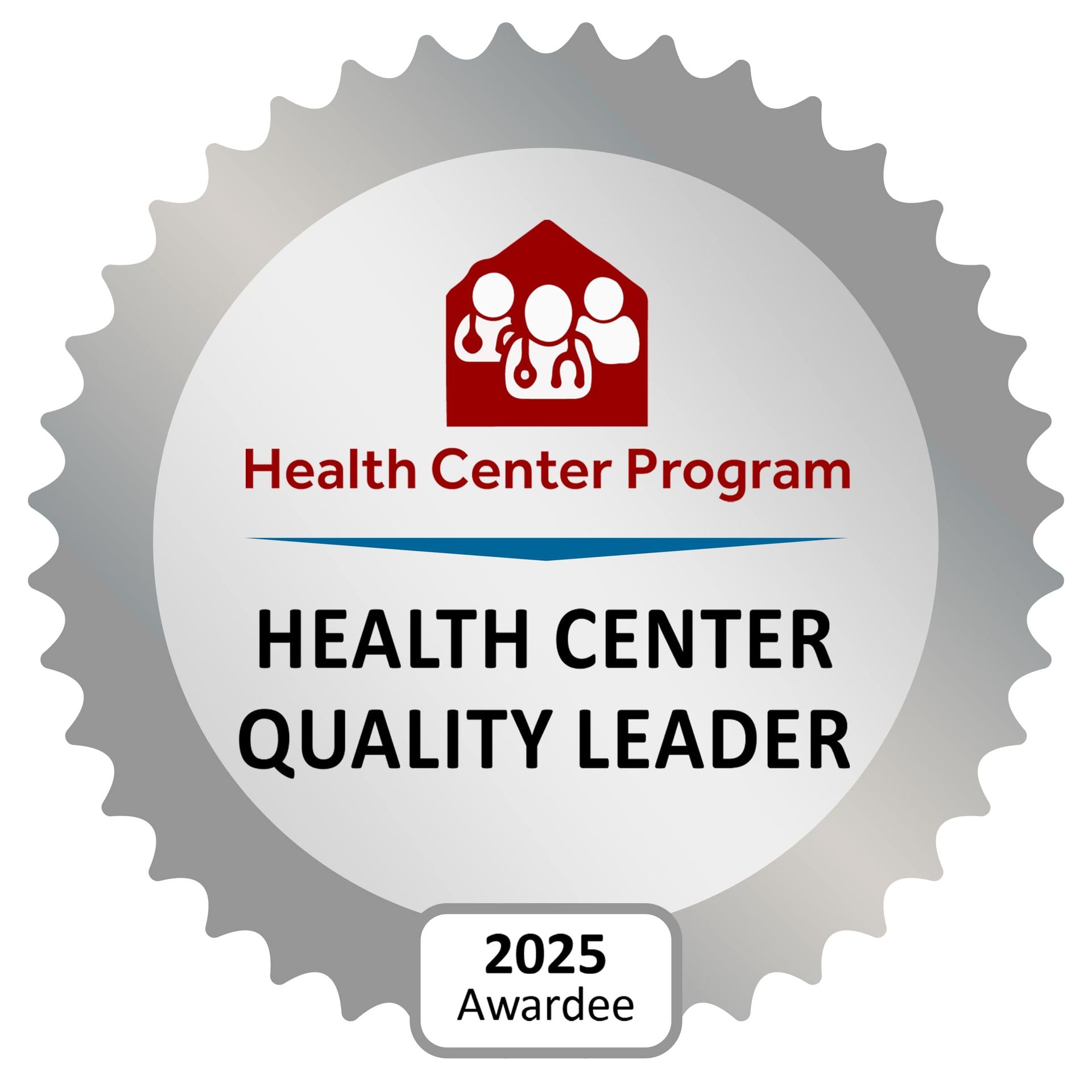 Health Center Quality Leader award badge with red Health Center Program icon and 2025 Awardee label