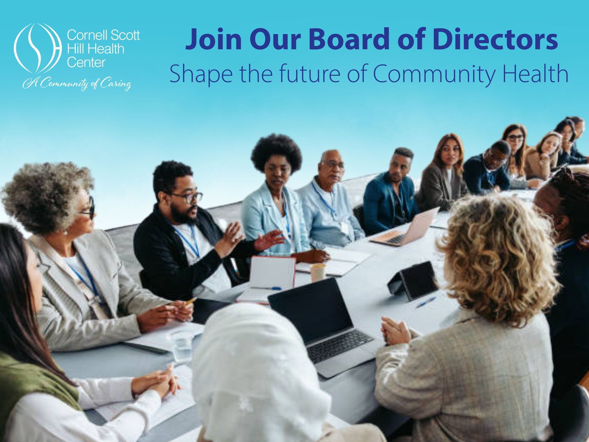 Boardroom meeting with diverse people around a table; text reads “Join Our Board of Directors” and “Shape the future of Community Health.”