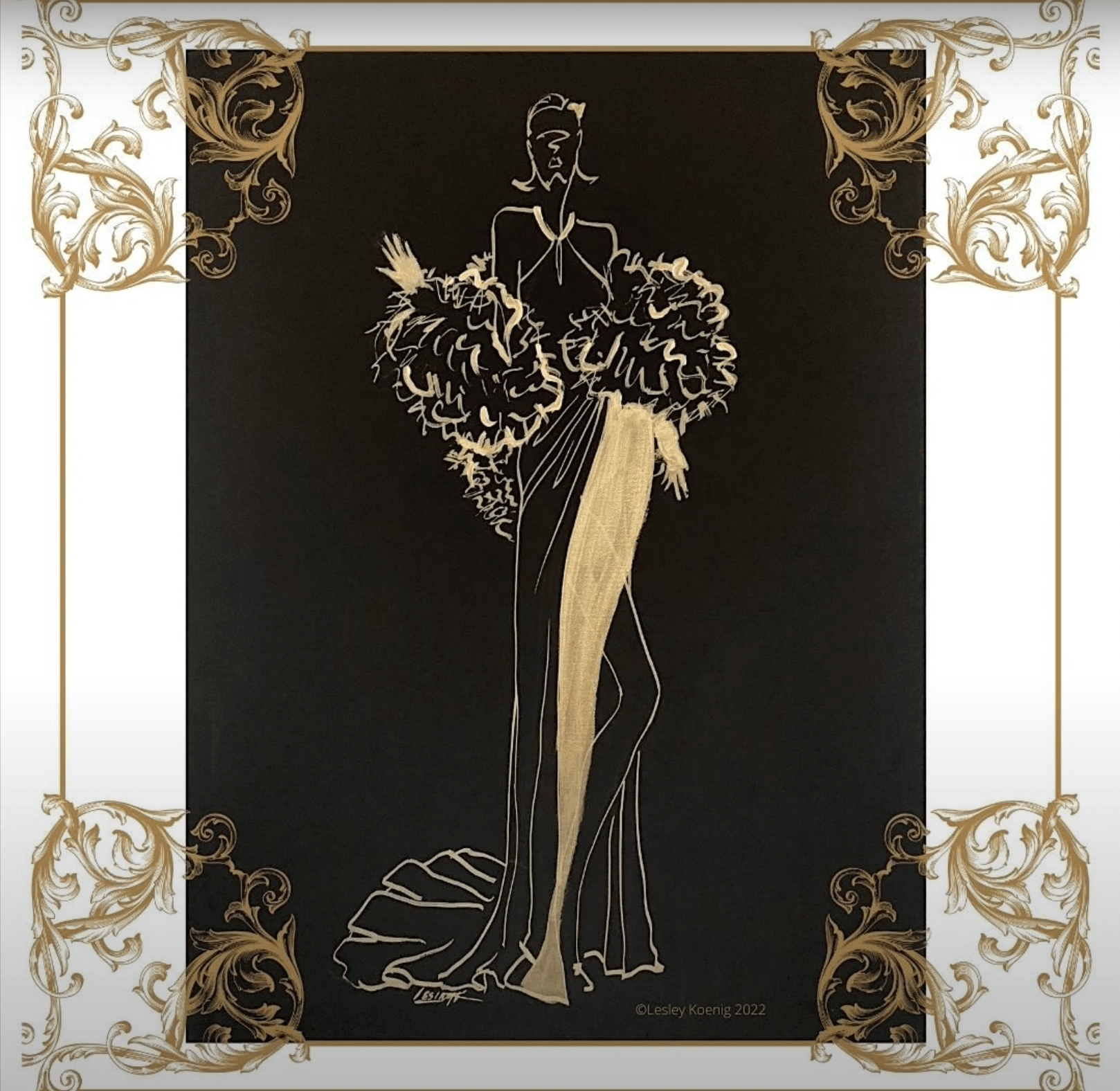 Elegant fashion sketch of a black gown with gold accents on a black background, framed by ornate gold flourishes