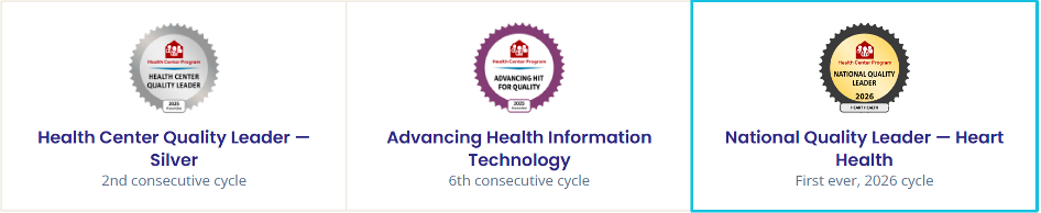 Three quality badges with text: Health Center Quality Leader, Achieving Health Information, National Quality Leader