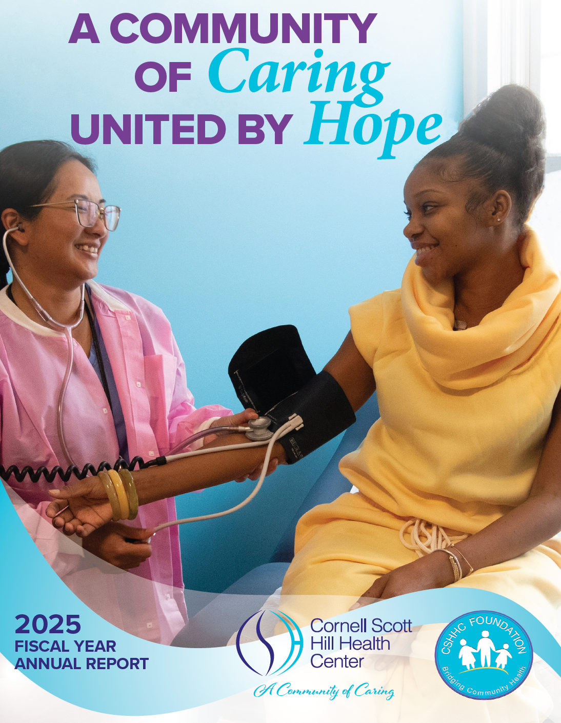 Two people smiling while checking blood pressure at a health fair; text reads “A community of caring united by hope.”
