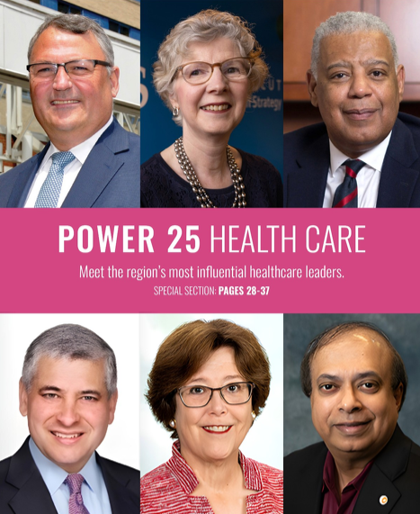 Power 25 Health Care collage with six headshots and a pink title banner