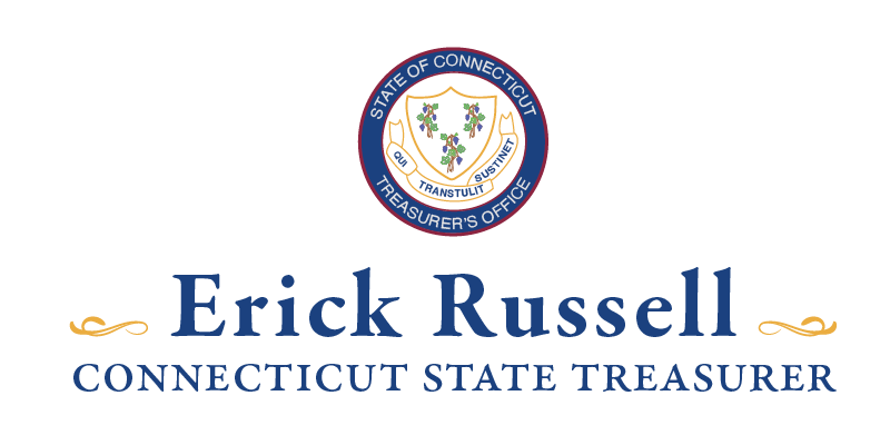 Erick Russell Connecticut State Treasurer logo with state seal and blue text on white background