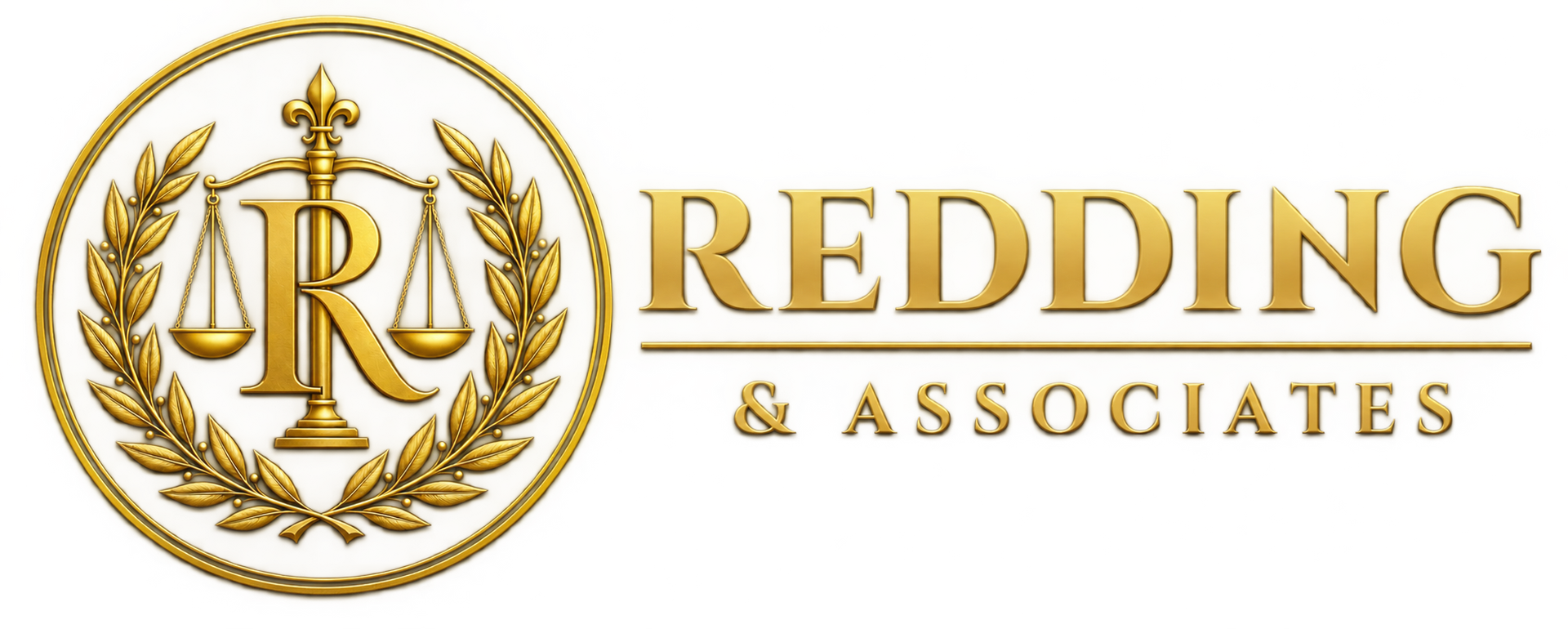 Gold “Redding & Associates” logo with laurel wreath and scales of justice icon