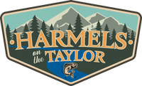 Harmel's on the Taylor logo with mountains, pine trees, and a fish on a shield-shaped sign