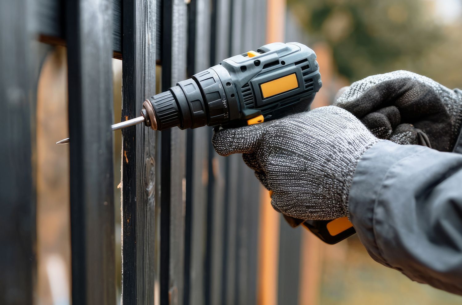 A contractor works on a section of a black metal and wood fence using a drill to secure the fence.