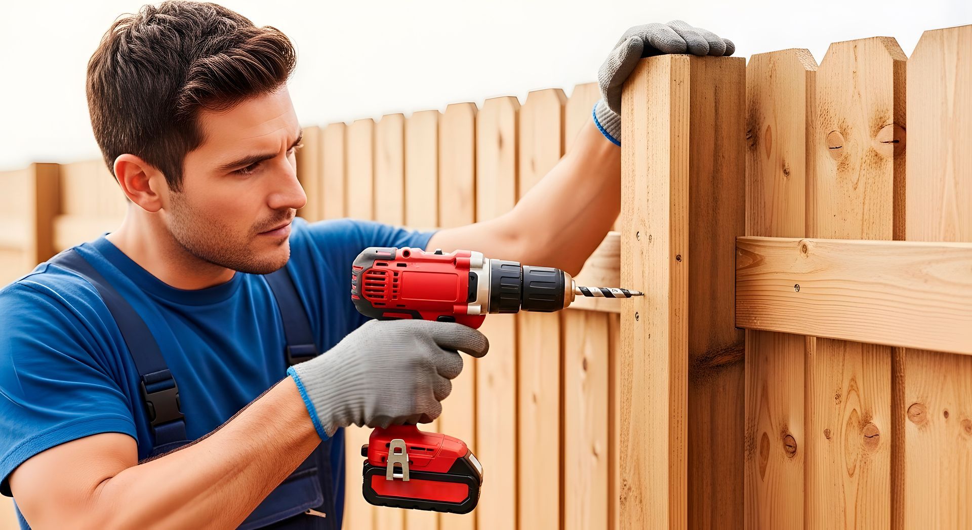 Professional fencing services installing a wooden privacy fence using power tools.