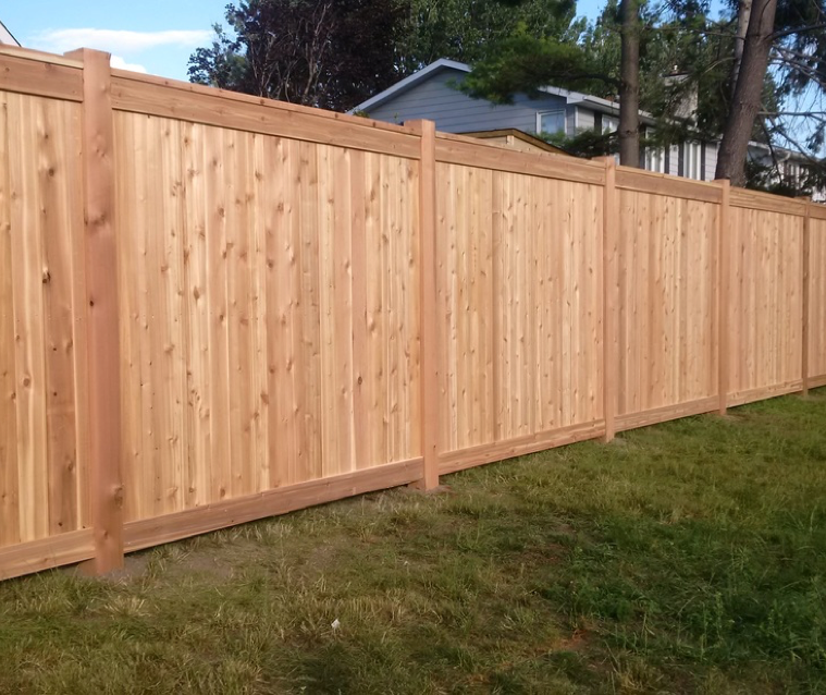 New wooden privacy fence along a grassy backyard