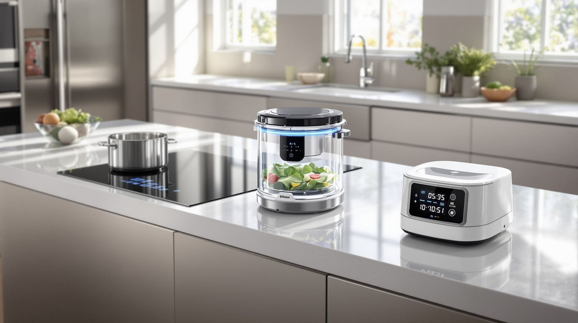 Three compact kitchen appliances on a modern countertop by a window: cooktop, blender, and smart speaker.