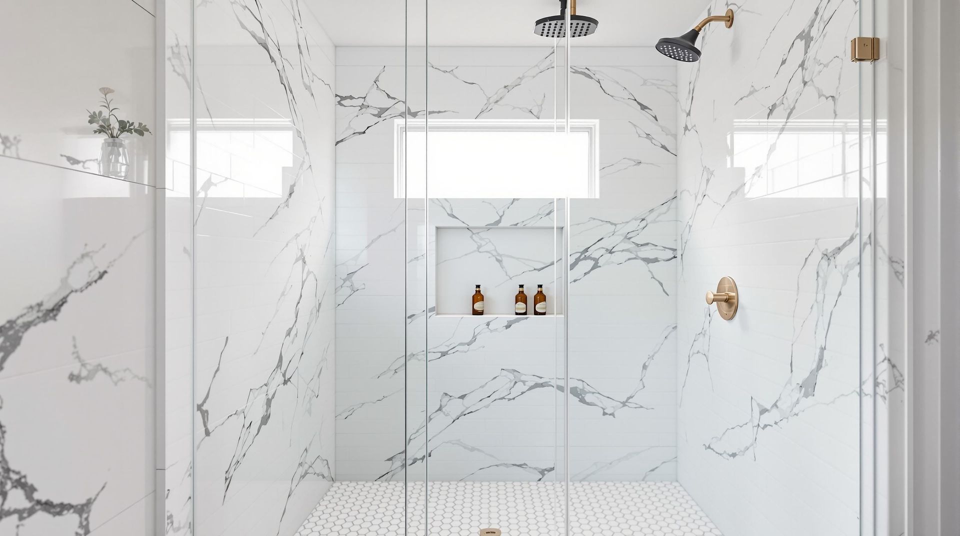 Modern white marble shower with glass doors, gold fixtures, and a built-in shelf under a window