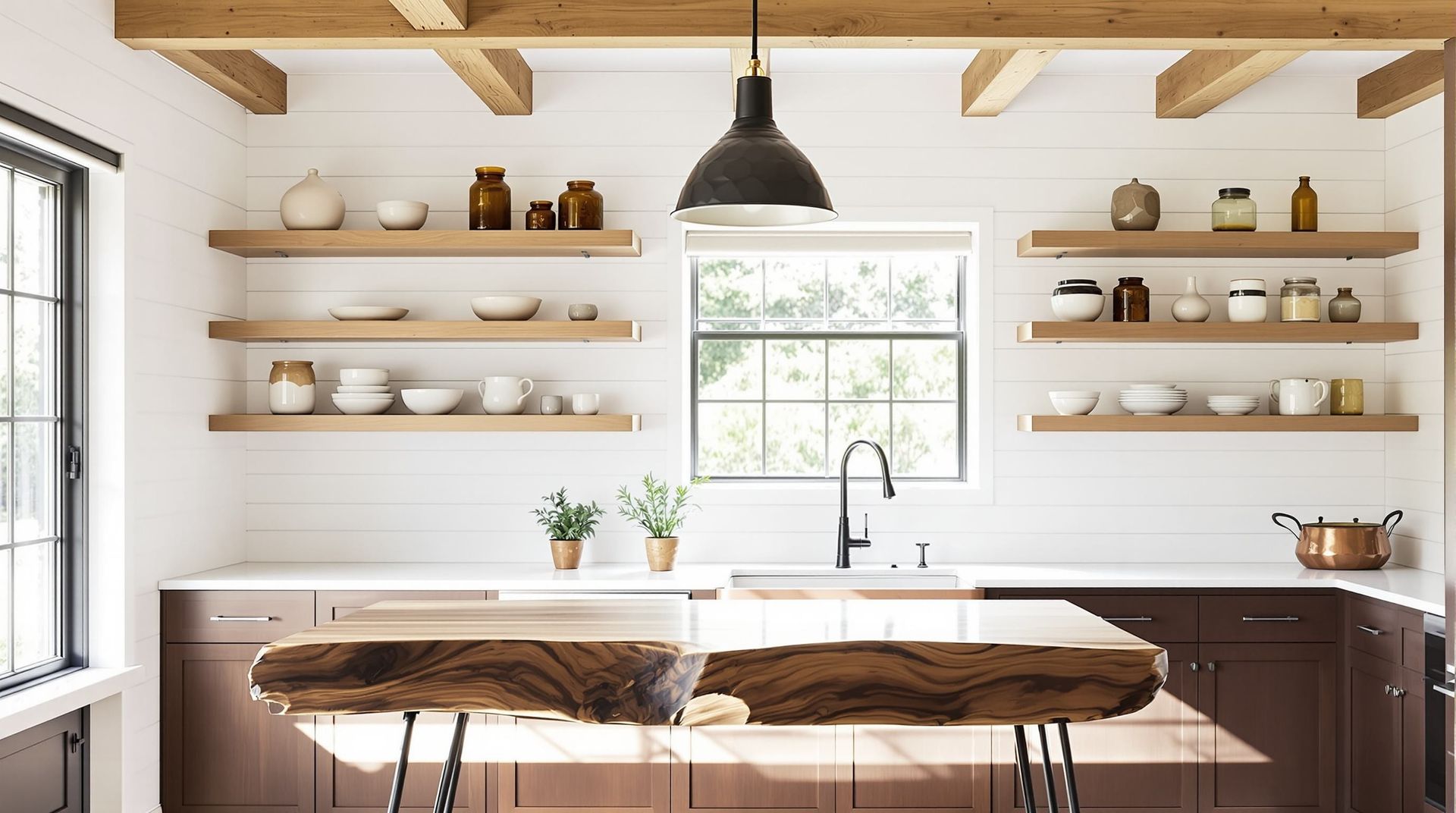 Bright kitchen with wooden shelves, white dishes, a window over the sink, and a rustic dining table
