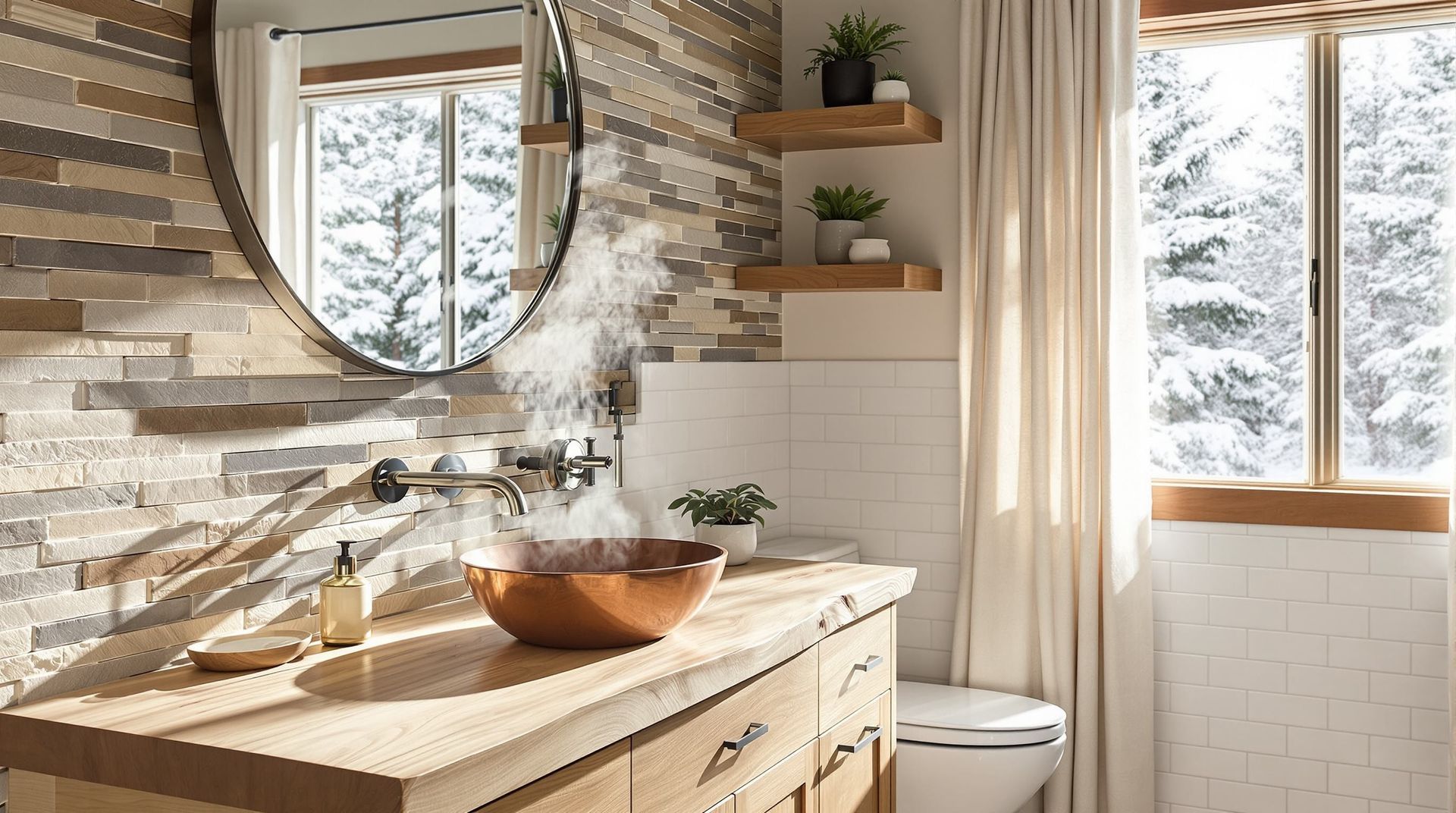 Bright bathroom with wood vanity, round mirror, bowl sink, shelves, and sunlight through a window