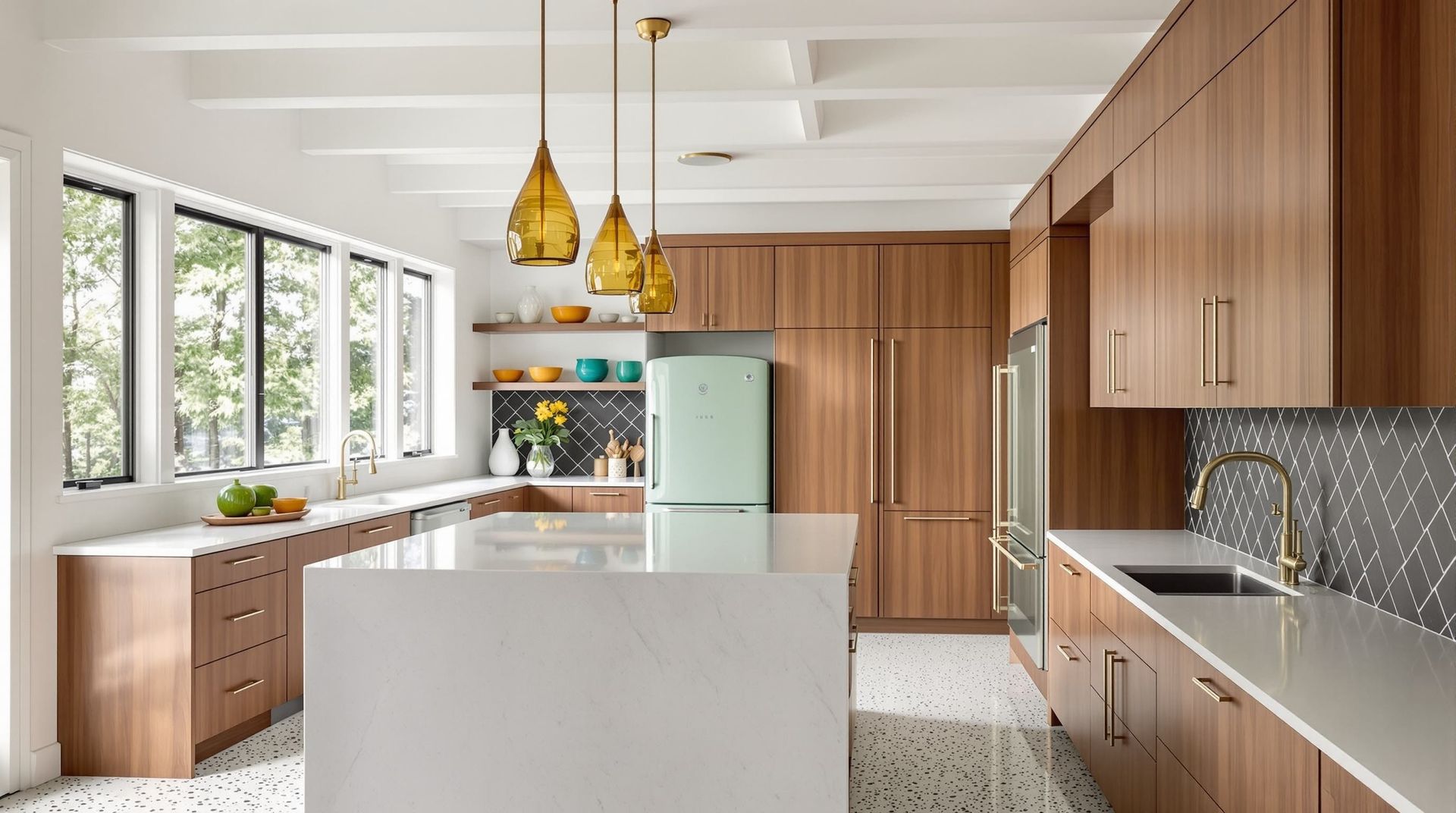 Bright modern kitchen with white island, wood cabinets, pendant lights, and large windows
