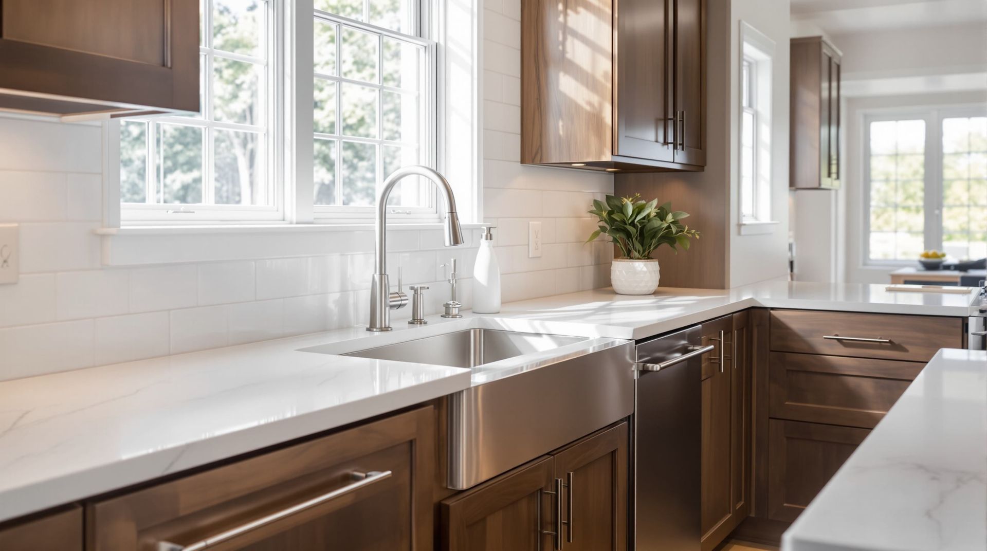 Bright modern kitchen with white countertops, stainless sink, and wooden cabinets beside sunny windows