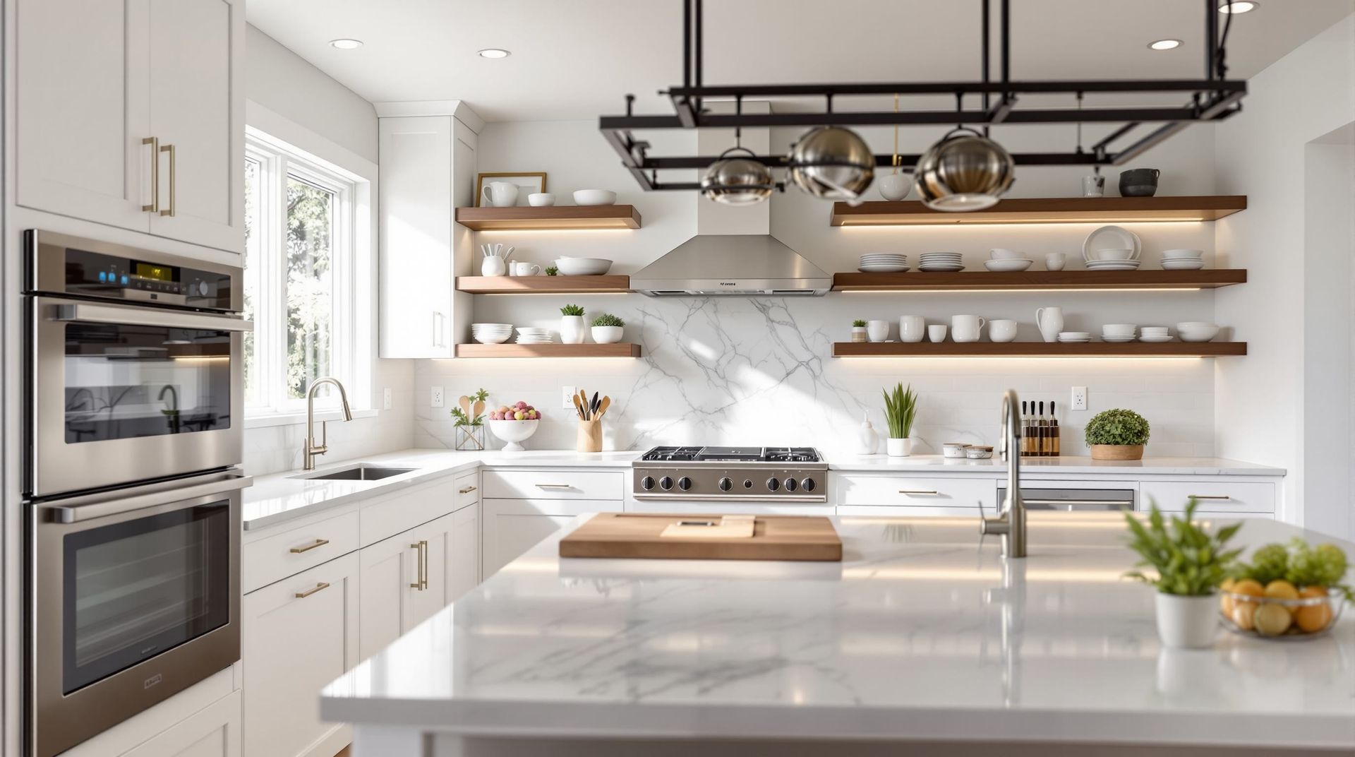 Bright modern kitchen with white cabinets, wood shelves, marble island, and black pendant rack over stove