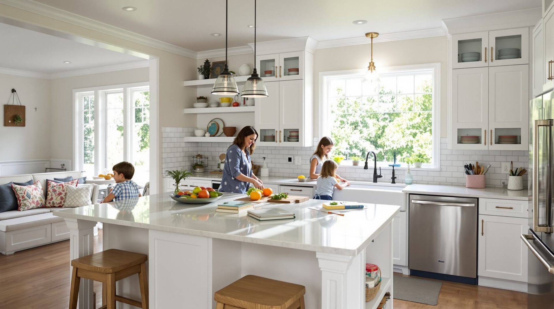 Bright white kitchen with two people preparing food around a large island and sunlit windows