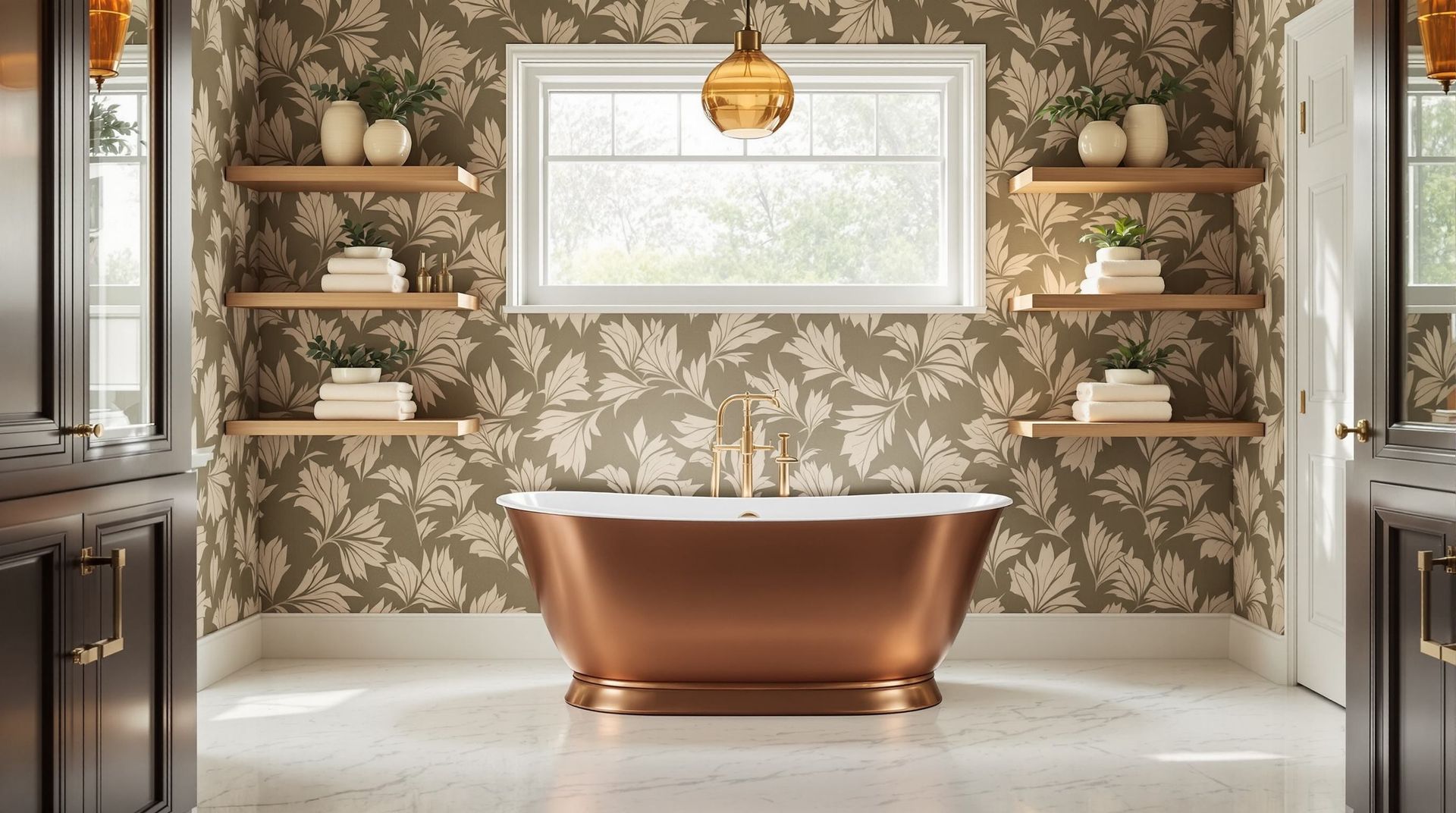 Elegant bathroom with copper bathtub, floral wallpaper, shelves, and a window above the tub