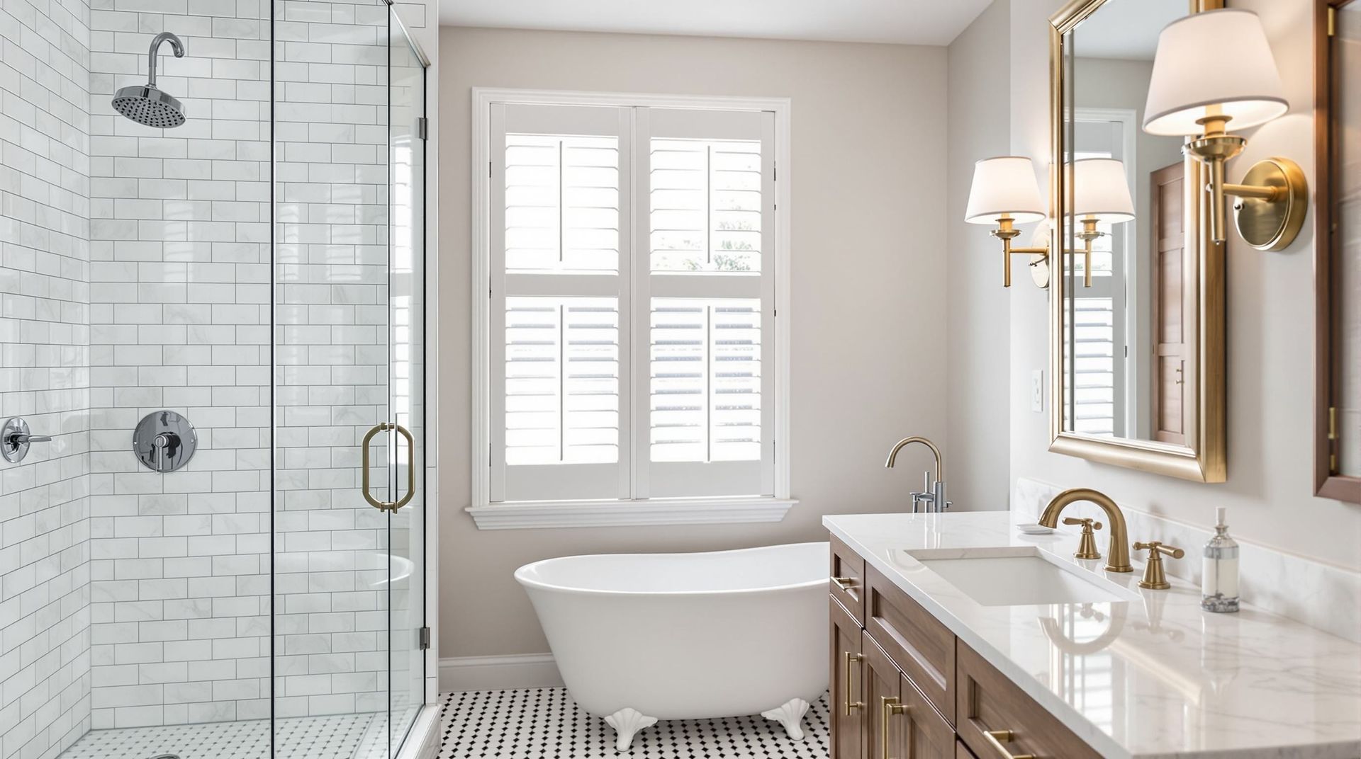 Bright modern bathroom with glass shower, freestanding tub, vanity, and window shutters