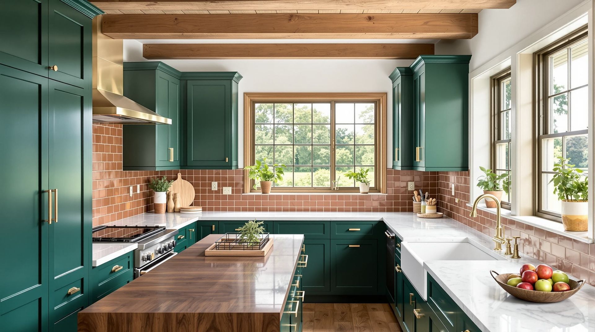 Bright kitchen with green cabinets, white countertops, wood ceiling beams, and a large window overlooking greenery
