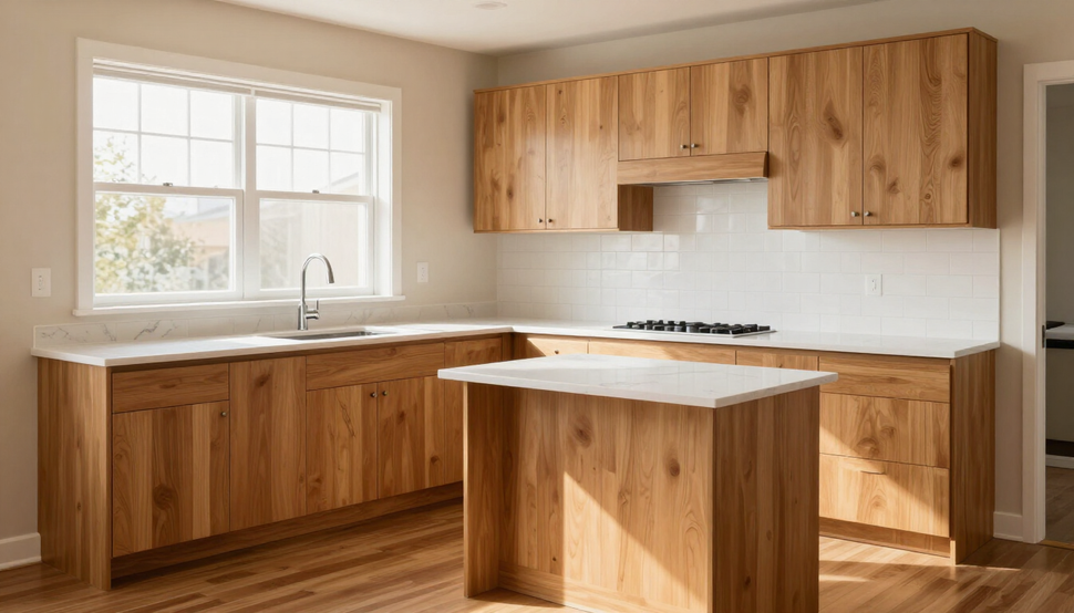 Bright modern kitchen with wood cabinets, white countertops, and a central island by a sunlit window