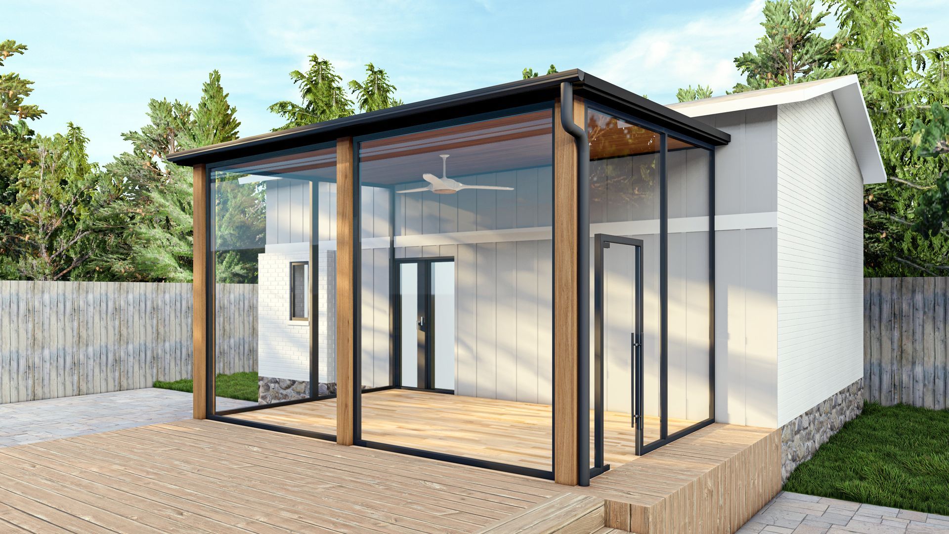Modern house patio with glass-enclosed porch, dark metal frame, white walls, and a wooden step deck.