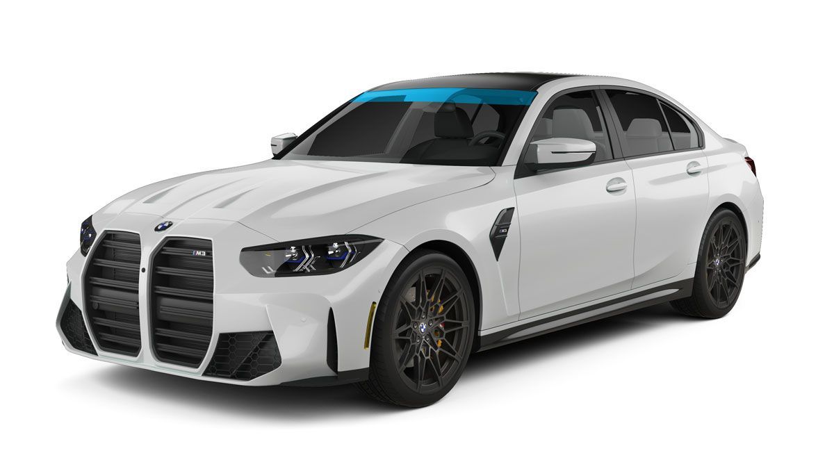 White BMW sedan on a white background, front three-quarter view