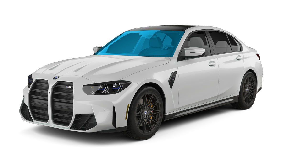White luxury sedan with blue-tinted windshield, shown in a front three-quarter view.