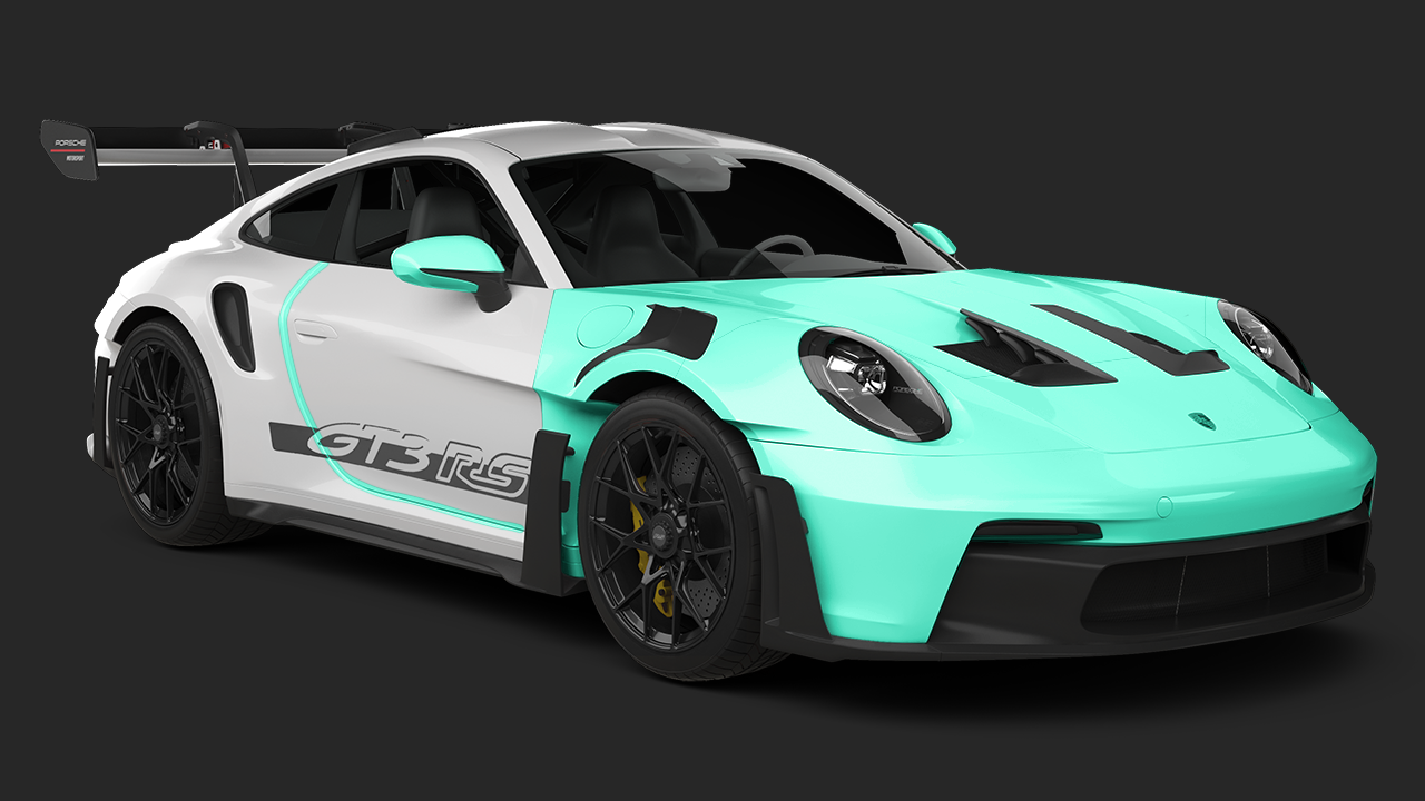 Turquoise and white sports car with black wheels on a dark background
