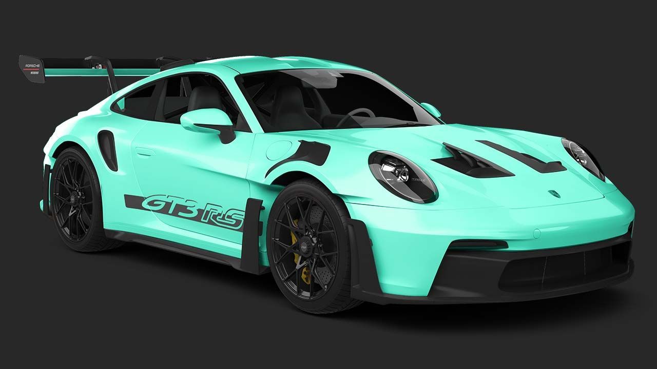 Turquoise sports car with black racing details on a dark background