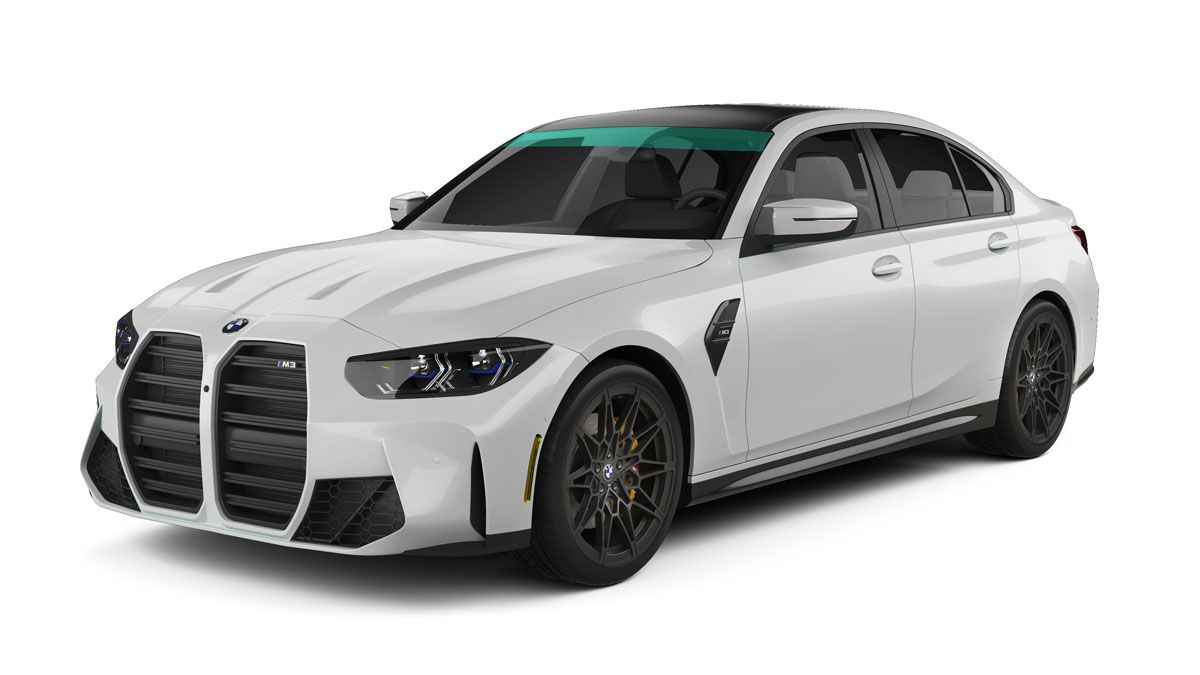 White BMW sedan in front three-quarter view on a white background